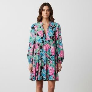Lilly Pulitzer Winona Stretch Jaguar Jungle Long Sleeve Floral Swing Dress